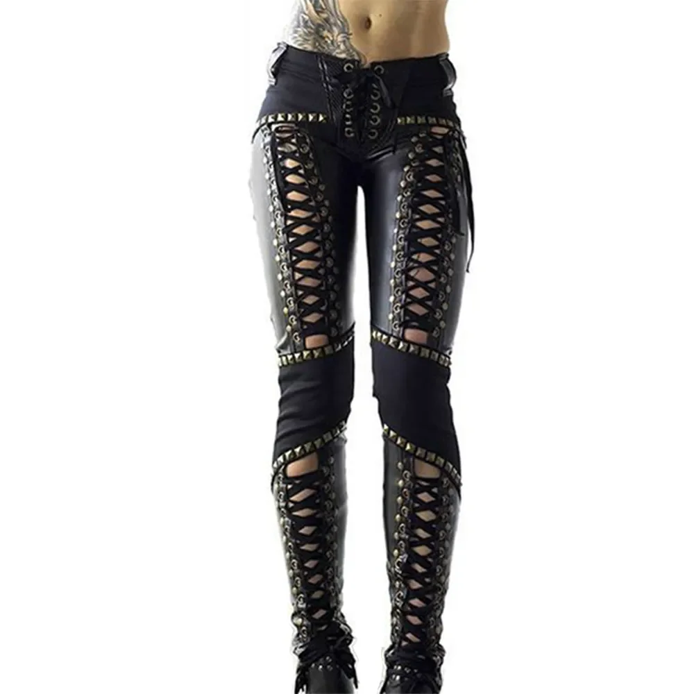 Pantalones de lápiz de cuero de imitación Punk Rock para mujer