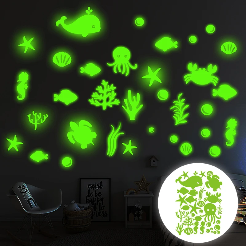 

New Underwater World Octopus Whale Nightlight Wall Sticker Painting Living Room Bedroom Decoration Fluorescent Sticker Painting