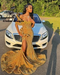 Gold Sweetheart Black Girl Sequin Long Prom Dresses Bead Crystal 2024 Birthday Luxury Dress Split Evening Gown Customized