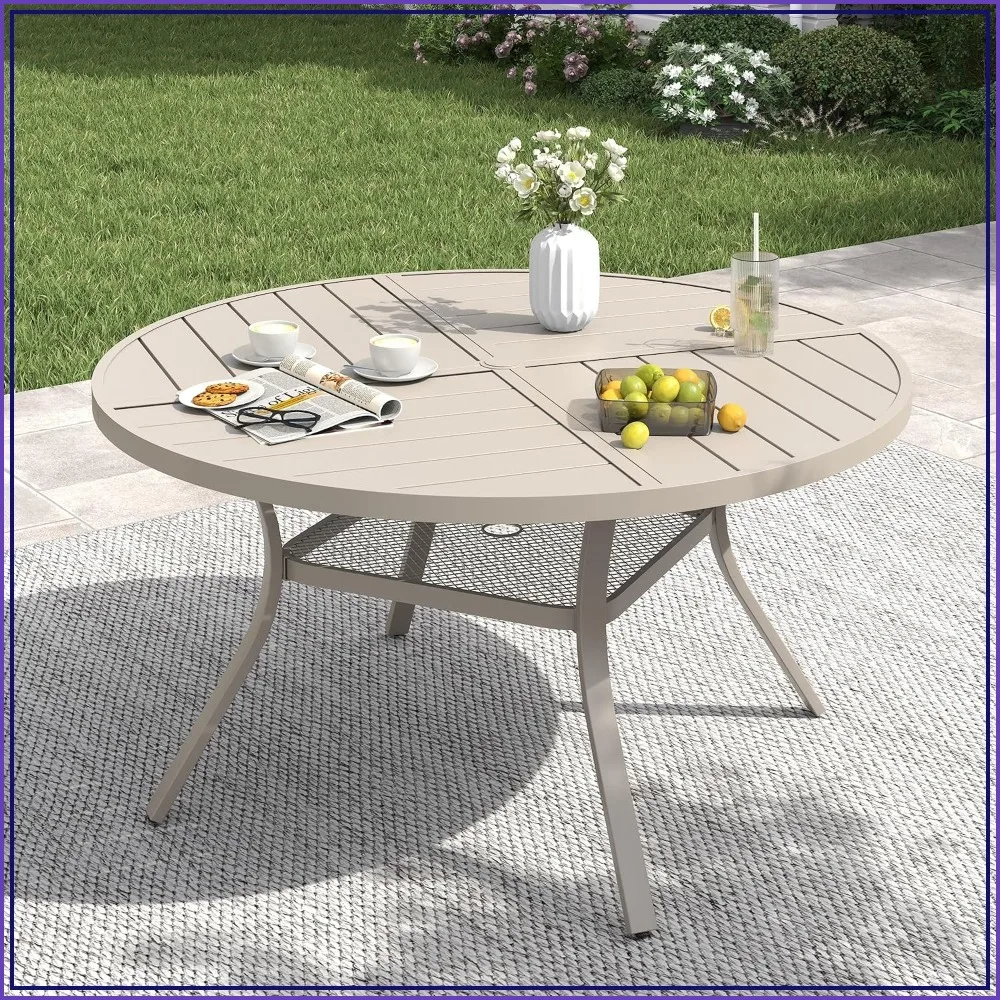47.2 Inch Round Patio Table with Umbrella Hole, Metal Outdoor Dining Table for 6
