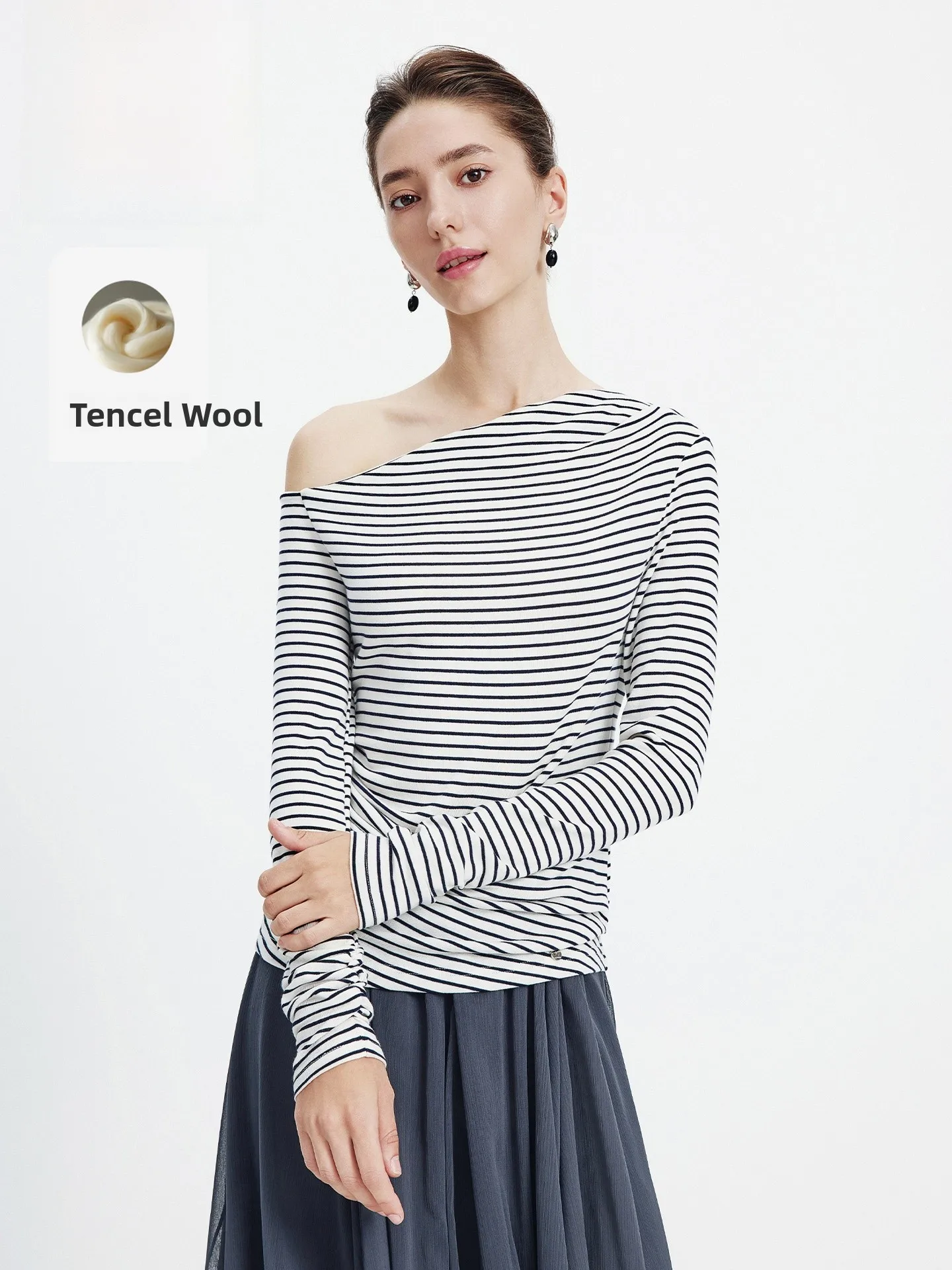 

Женская шерстяная футболка Navigare Slim Fit с длинным рукавом в полоску, весна 2026, романтичный повседневный стиль, удобная для путешествий, модный топ