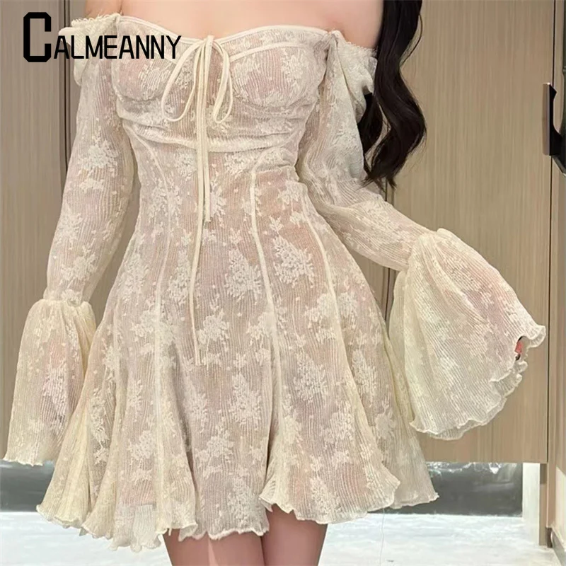 2024 Summer Women\'s Dress Fashion New Korean Edition Long Sleeve Square Collar Vintage Lady Dresses Sexy Lace Party Mini Dress