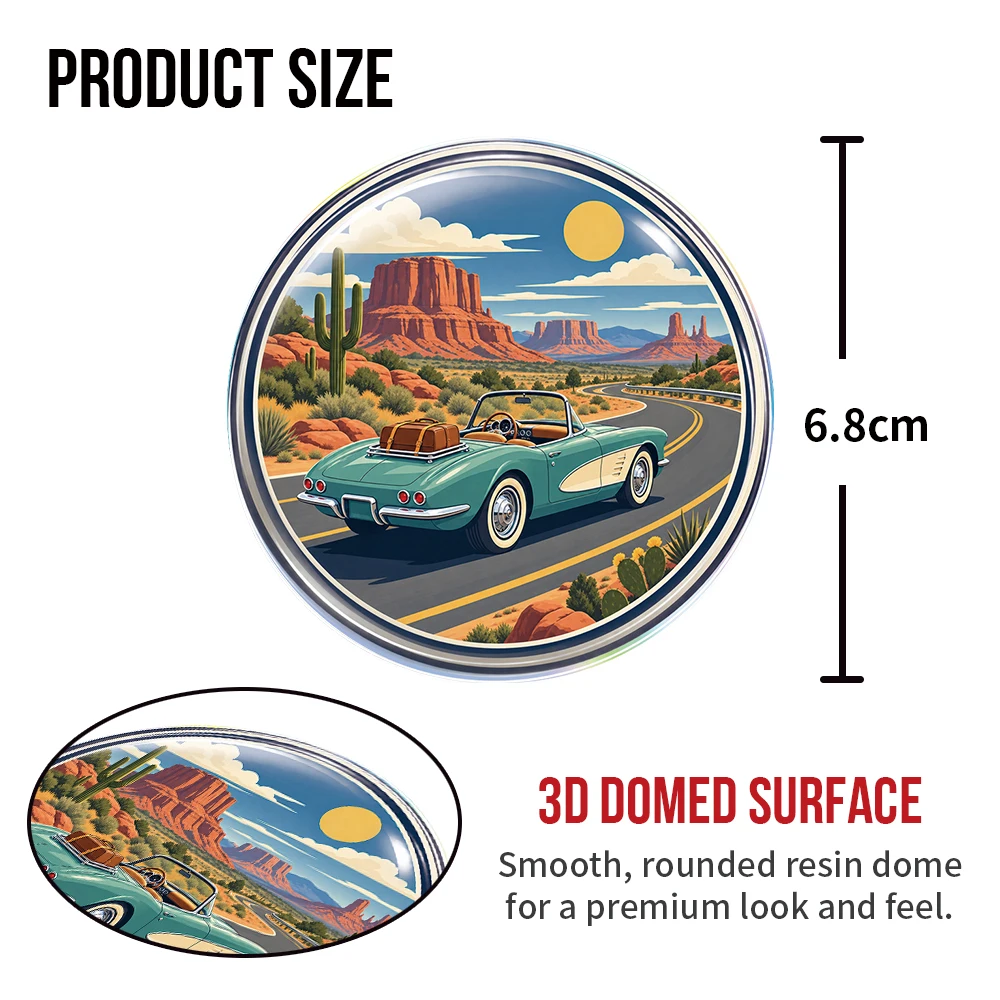 Classic Convertible Desert Road Trip 3D Epoxy Resin Round Stickers Waterproof Domed Car Decals for Laptop Tumbler Water Bottle
