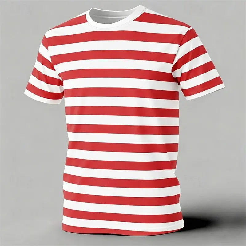 Men's short-sleeved T-shirt, simple striped print, casual loose fit, fashionable street style, men's crew neck T-shirt.
