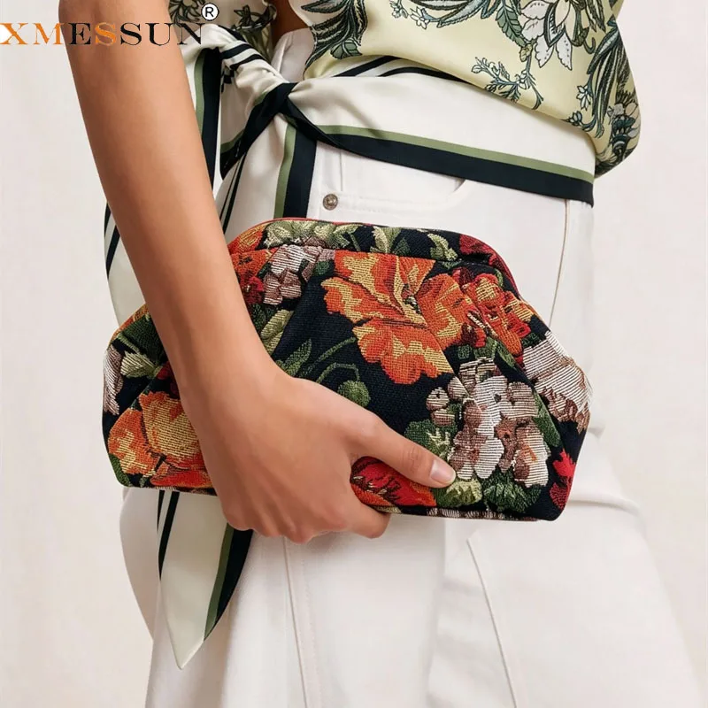 New Vintage Floral Tapestry Clutch Bag for Women,Pleated Frame Embroide Evening Bag Soft Embellished with Unique Colorful Flower