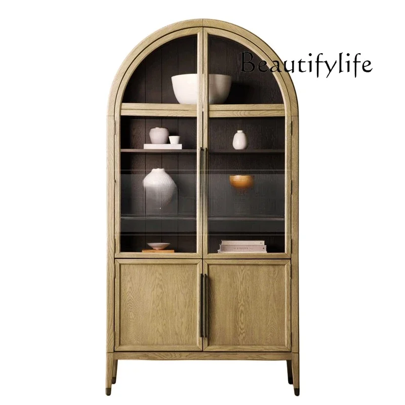 

French Solid Wood Arched Bookcase American Retro Glass Door Storage Sideboard Cabinet Black Curio Cabinet