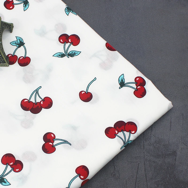 White Navy Cherry Cotton Poplin Printed Fabric DIY Handmade for Quilting Sewing Accessories