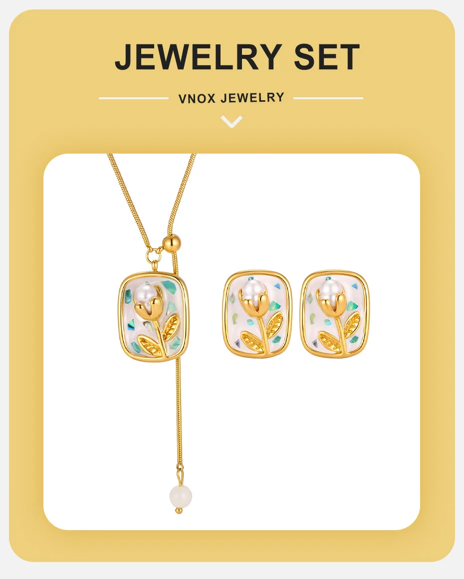 Vnox Vintage Französischer Stil Vergoldete Emaille-Tulpen-Halskette und Ohrringe Set, Tropfenförmig Bemaltes Blumenmuster mit Imitationsperlen, Hochzeitsgeschenk – Detail 1