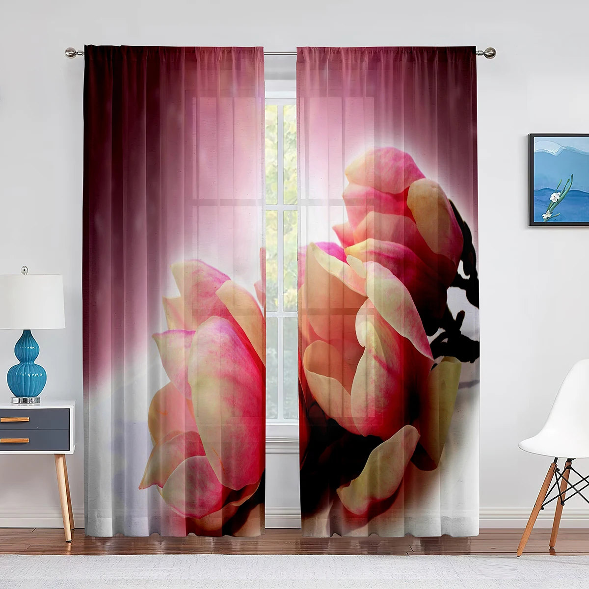 Pink Magnolia Spring Flowers Sheer Curtains for Living Room Bedroom Kitchen Hotel Decoration Chiffon Tulle Voile Window Curtain