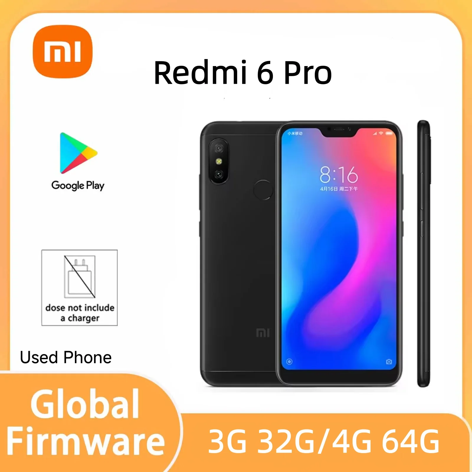 Xiaomi Redmi 6 Pro 4g 64g Cellphone Global rom 4000mAh Batterry Dual SIM Qualcomm Snapdragon 625 Android used phone