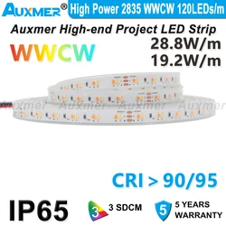 High Power 2835 WWCW LED Strip Lights, IP65 120LEDs/m,CRI95/90,CCT Led Strip Outdoor Waterproof,for Kitchen Bathroom