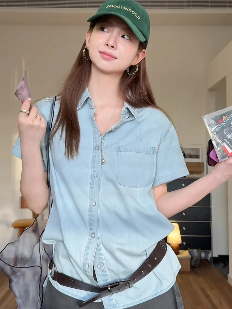 Retro Korean Style Loose Fit Short Sleeve Denim Shirt Women's Summer Thin Collar Commute Versatile Outerwear Casual Fashion