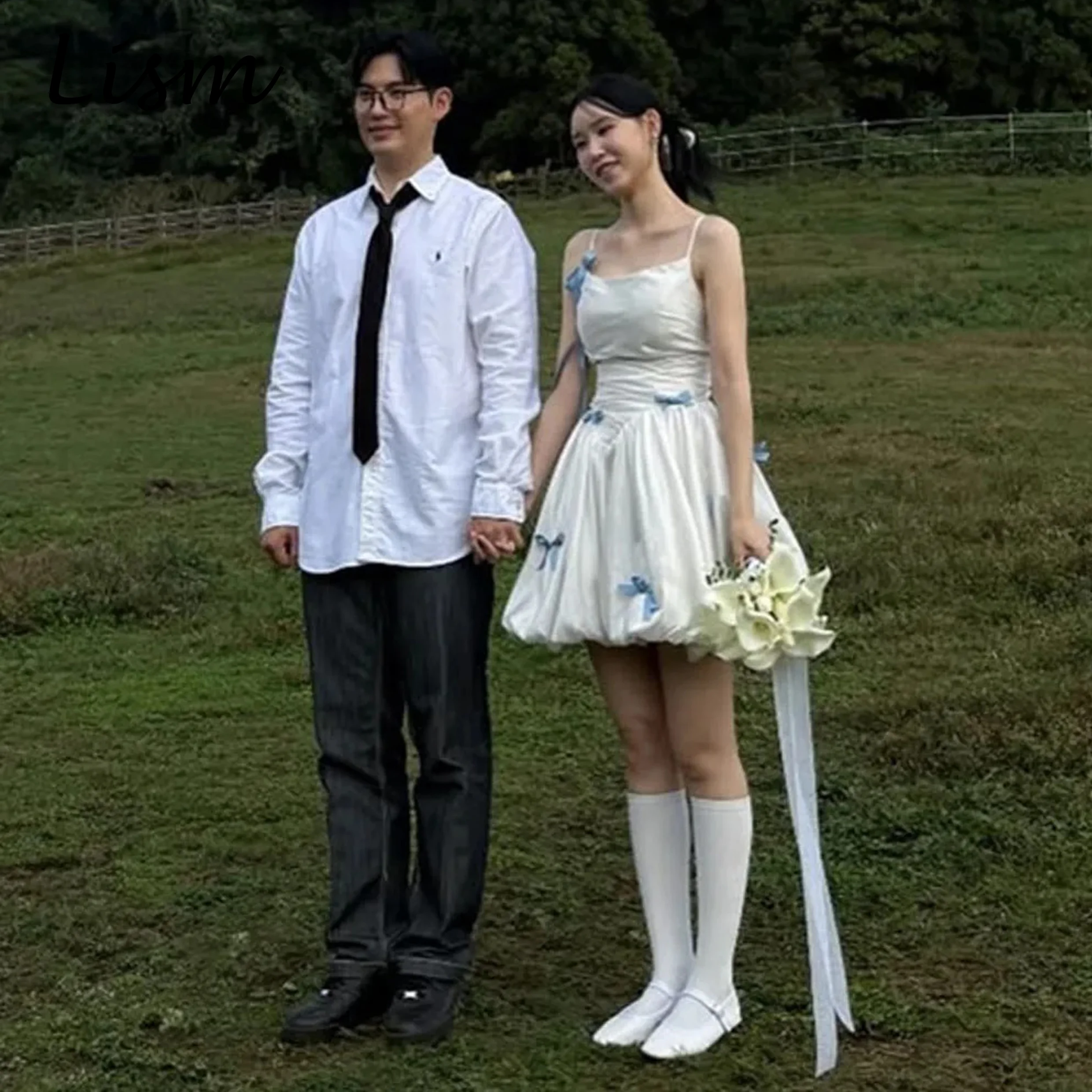 lism-mini-ivory-satin-bow-wedding-dress-korea-photo-shoot-o-neck-strap-bridal-gowns-a-line-short-above-knee-corset-customized