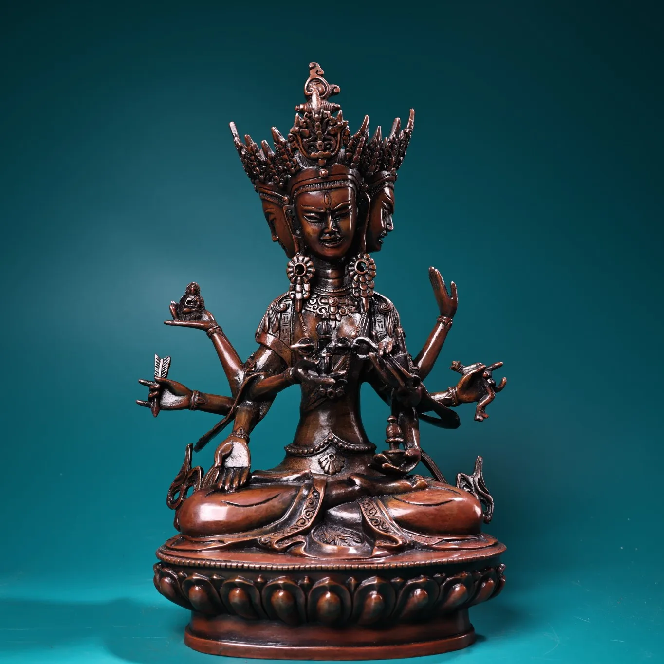 

12"Tibetan Temple Collection Old Bronze Namgyalma Sitting Buddha Three heads Eight arms seated Buddha Worship Hall Town house