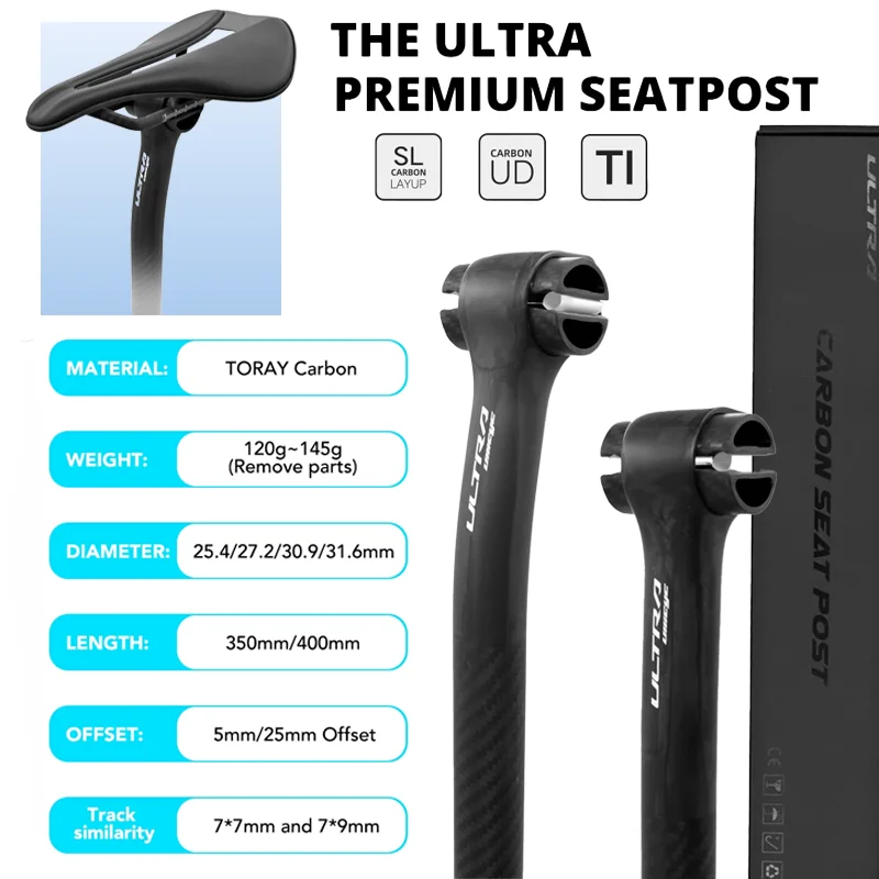 

ULLICYC Ultralight Carbon Fiber Seatpost Offset 5MM/25MM For MTB and Road Bike Length 350MM/400MM Various Rall Compatiability