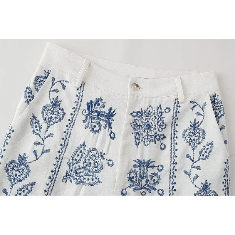 TRAF Embroidery Wide Leg  Pants Women Fashion Vintage High Waist Pants Woman Summer Beach Trousers Female