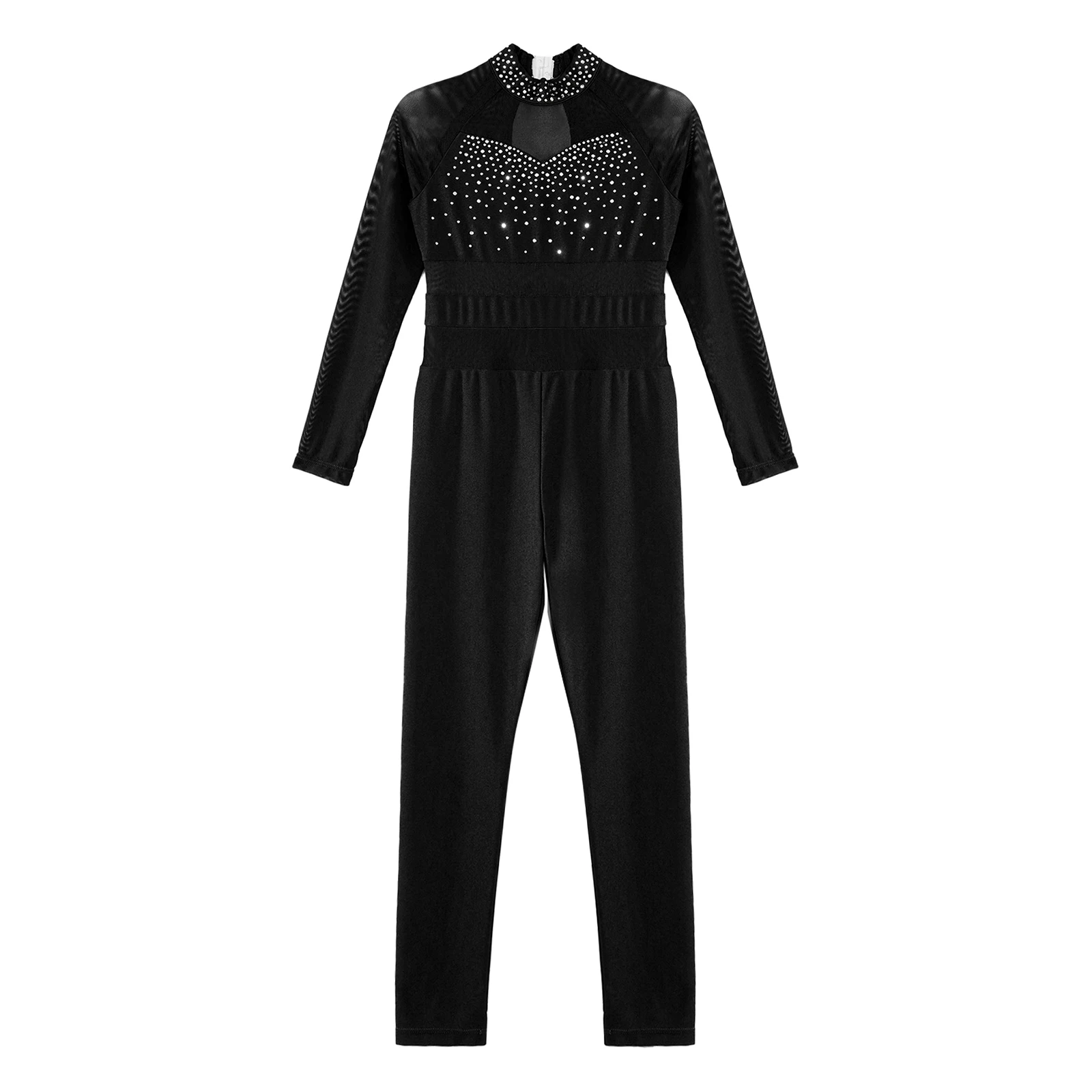 Girls Kids Long Sleeve Rhinestone Ballet Dance Leotard Sport Workout Bodysuit Jumpsuits Sheer Mesh Long Sleeve Skating Unitards