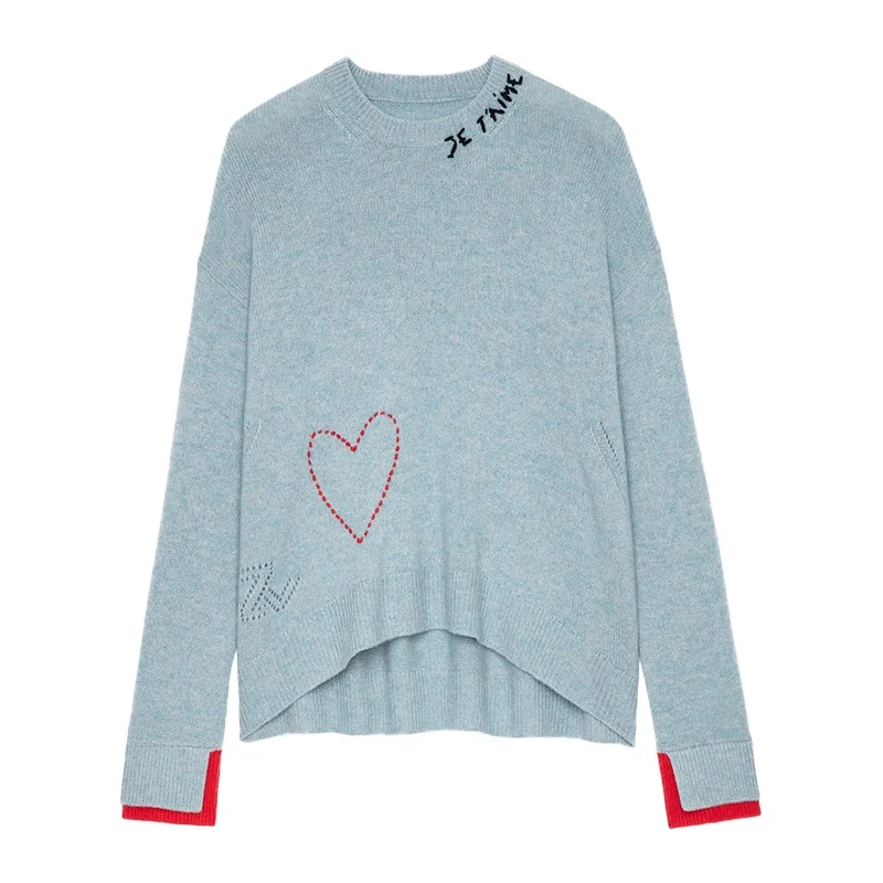 Jesienno-zimowy, ręcznie robiony sweter damski, luźny krój, haftowany napis Camere, litera ZV, serce, styl uliczny, długi rękaw.