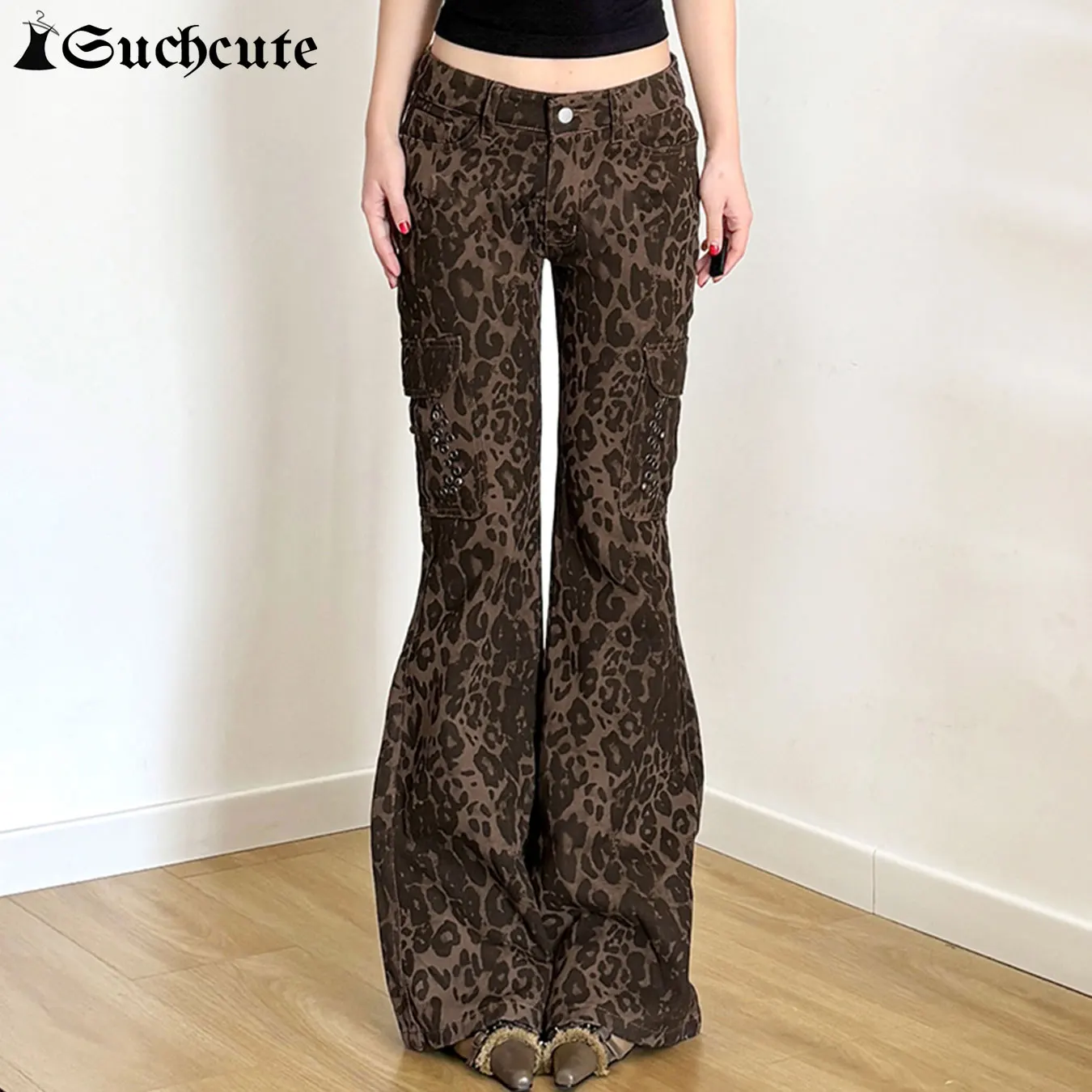 SUCHCUTE Vintage Leopard Print Rivet Embellished Skinny Jeans Y2k Punk Aesthetic Trouser Women Slim Low Waist Thin Denim Pants