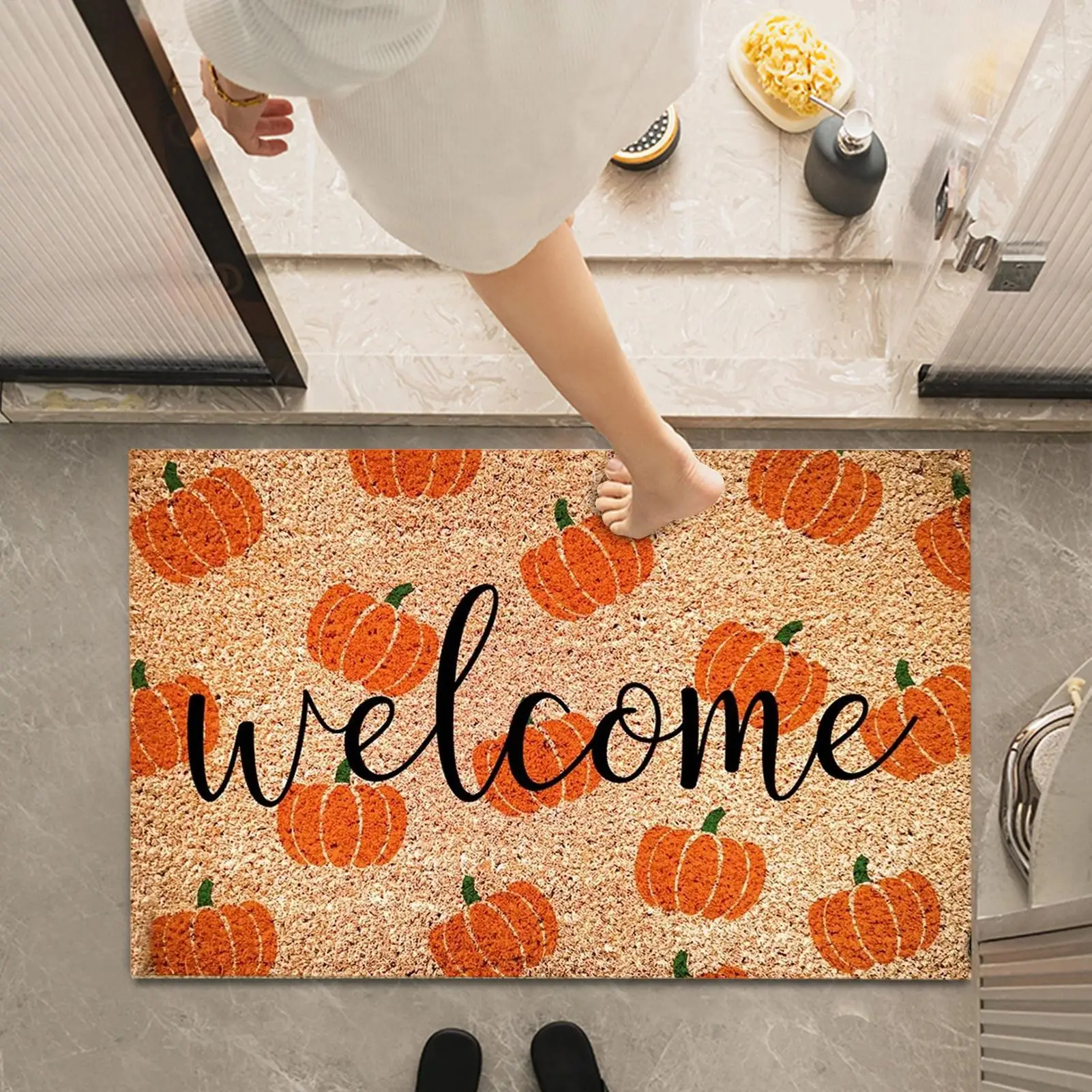 Fall Pumpkin Welcome Doormat Rug 60x40cm Autumn Themed Entryway Mat Non-Slip Faux Cashmere for Indoor Entrance Kitchen