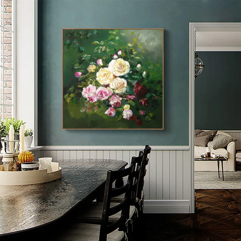 Hand Painted Oil Painting on Canvas, Abstract Green Pink and Faint Yellow Flower Oil Painting Wall Art, Home Decoration Painting