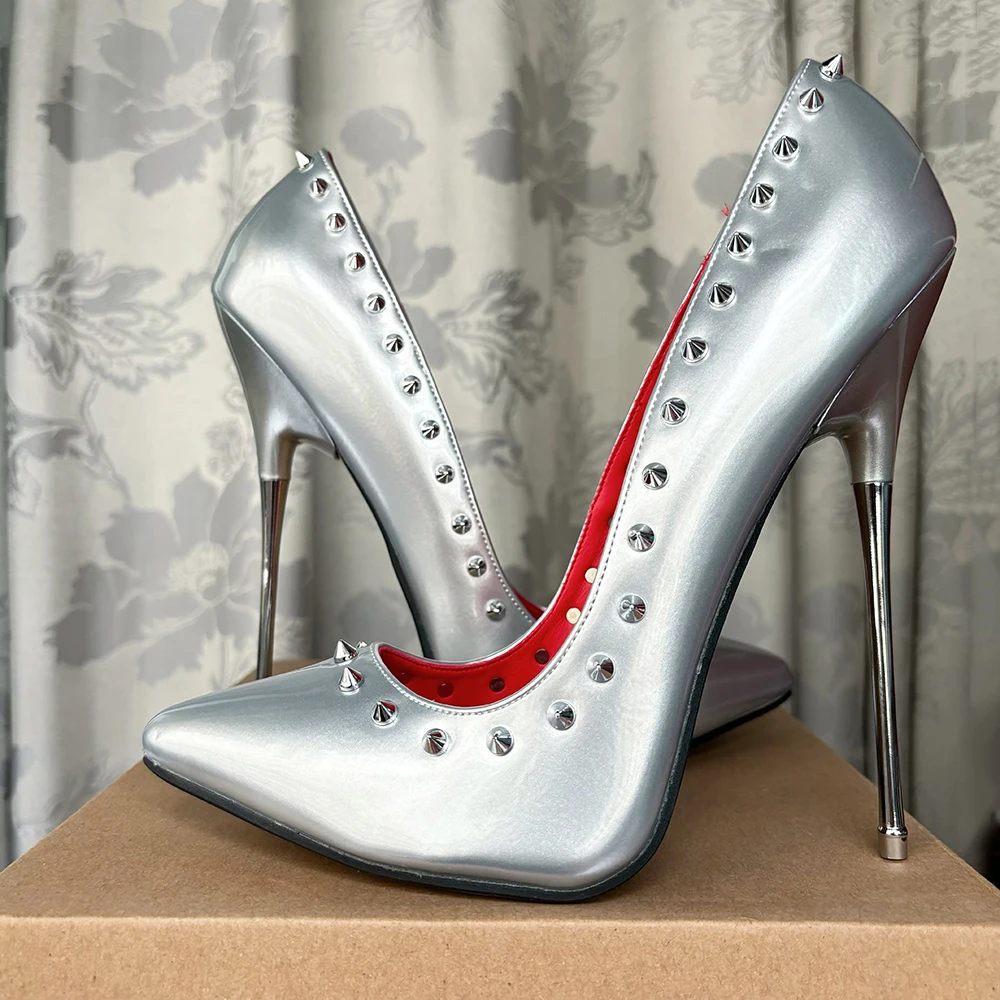 Zapatos de tacón alto de Metal para hombre y mujer, calzado con remaches interiores rojos, Sexy, SM Drag Queen, fetiche, modelo plateado, 16cm, novedad de 2024