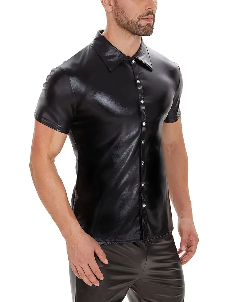 S-5XL Shiny Faux PU Leather Short Sleeve Tshirt Single Breasted T Shirt Men Performance Tee Shirts Muscle Hot Shapers Tops Body