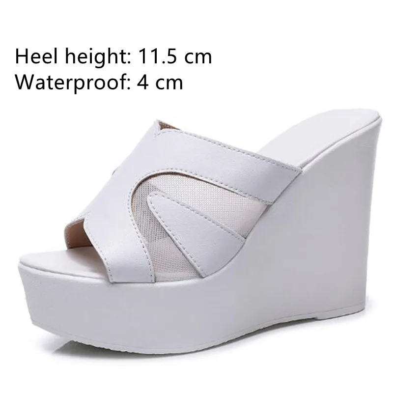 2024 New Fish Mouth Cowhide Mesh Slippers Summer Leather Sandals Platform Wedges Slippers Increase Sandals Women Shoes Plus Size