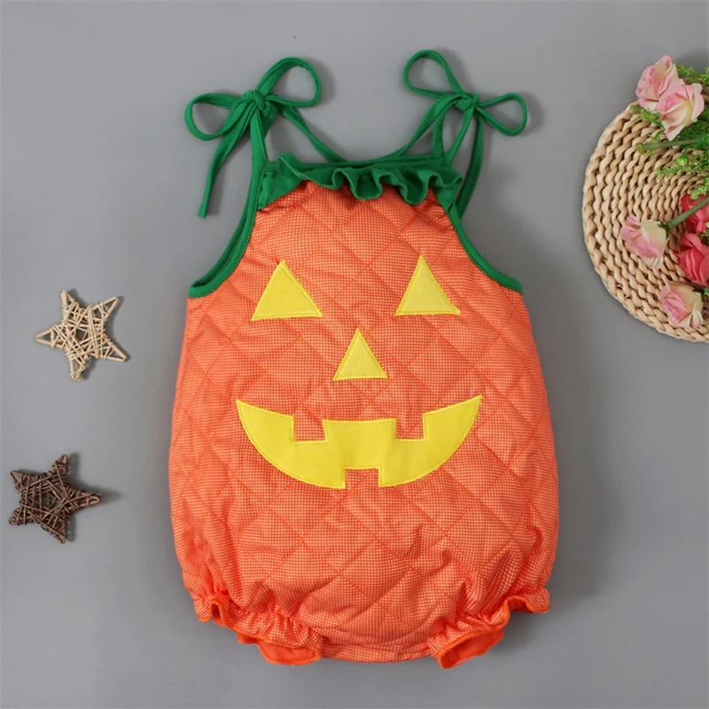 Newborn Baby Halloween Costumes Cartoon Pumpkin Face Print Tie-Up Sleeveless Cosplay Romper Children\'s Clothing Autumn