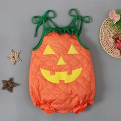 Newborn Baby Halloween Costumes Cartoon Pumpkin Face Print Tie-Up Sleeveless Cosplay Romper Children's Clothing Autumn