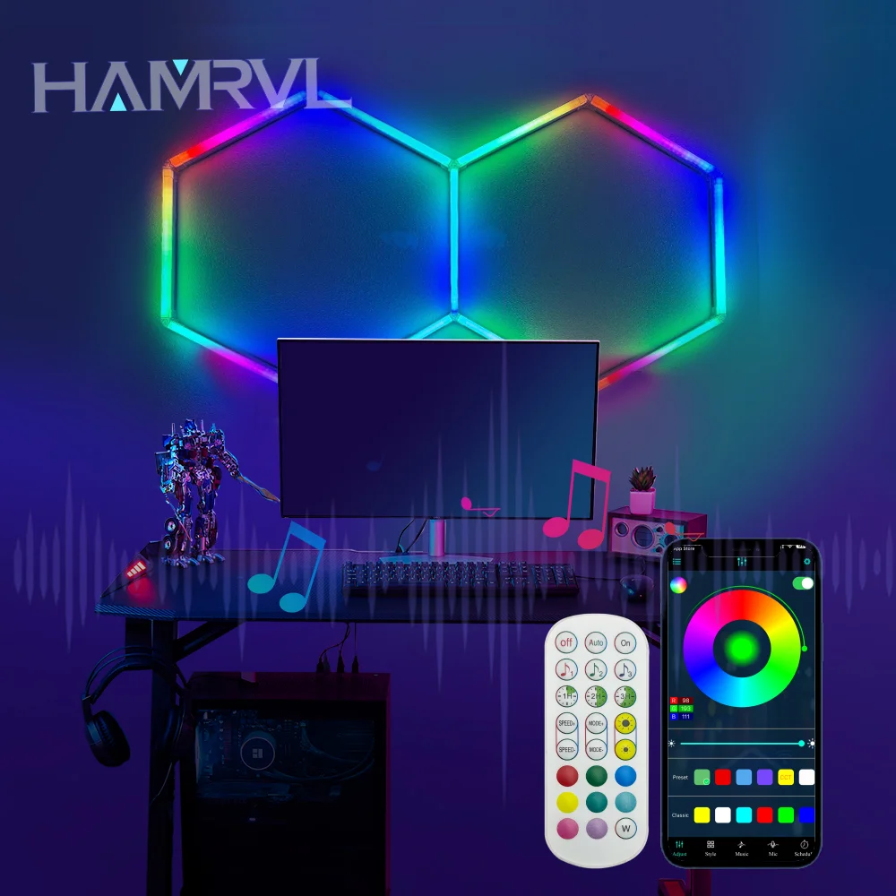 

RGB Hexagon LED Panel Light Music Sync Changing Garage Light Hexagon Ceiling Light for Gaming Room Gym Party Atmosphere lights