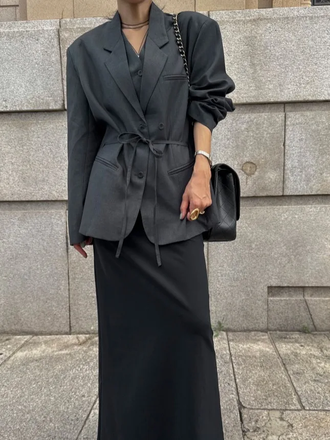 Damen-Weste mit Gürtel, Jaet, koreanische SLE-Baumwolle, 00 % Pendelverkehr, geeignet, Vintage, vielseitig, Herbst-Faion-Trend