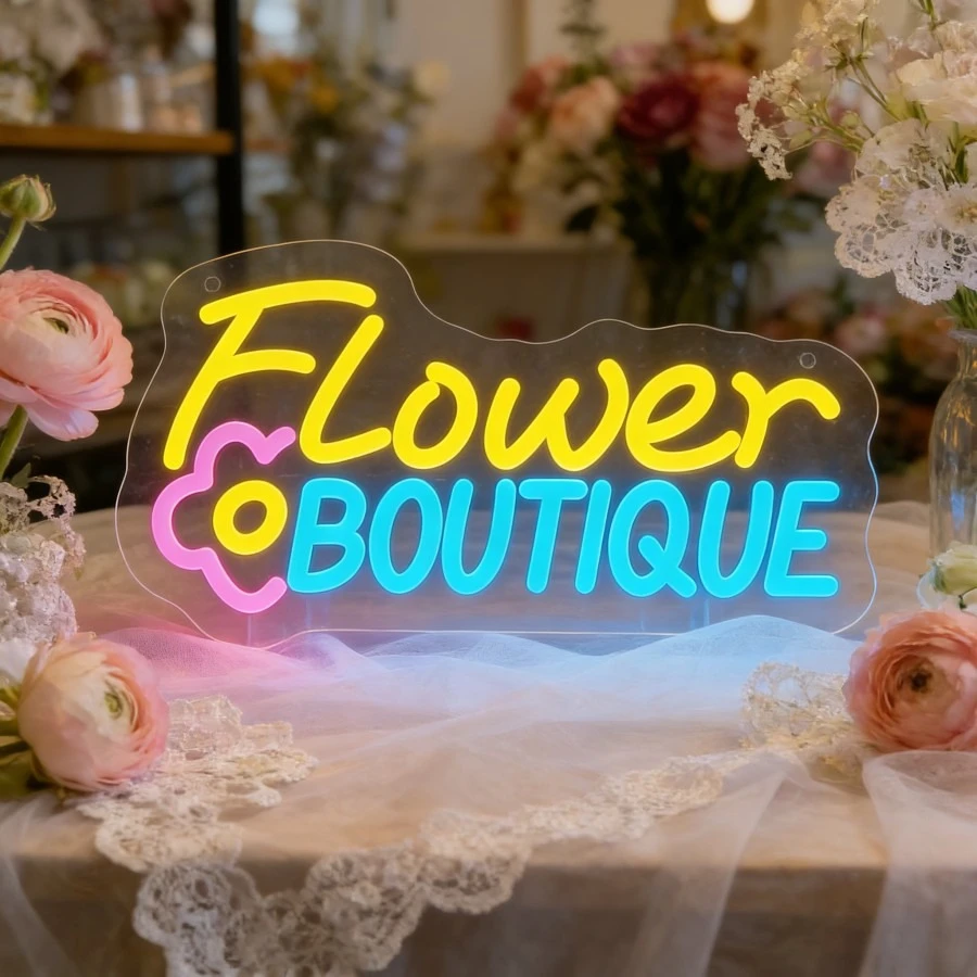 Flower Boutique Neon Sign LED Wall Art Florist Shop Decoration for Wedding Birthday Party Decor Living Room Garden