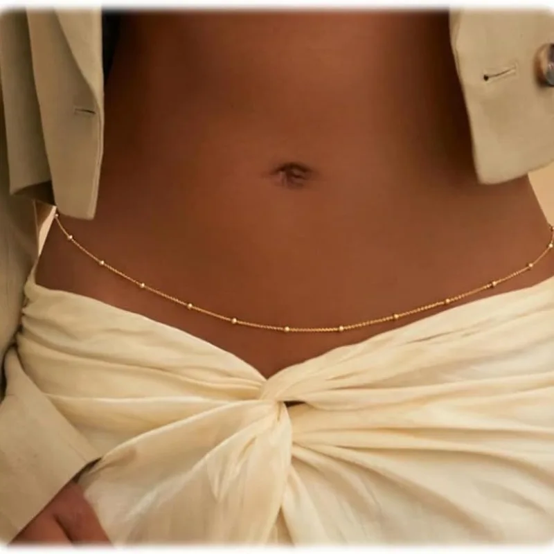 

Waterproof Waist Chains for Women 14K Gold Plated STAINLESS STEEL Layered Cuban Pearl Satellite Beads Belly Belt Body Jewelry