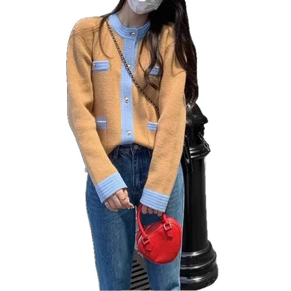 2025 신상 루즈핏 슬리밍 니트 가디건, 여성용 다용도 라운드넥 긴팔 스웨터 배색 재킷