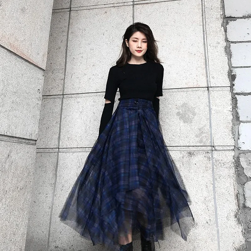 TWOTWINSTYLE Plaid Patchwork Mesh Women's Skirts High Waist Hit Color Elegant A Line Skirts Female 2020 Spring Fashion New