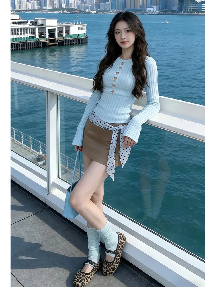 

Dopamine Mint Green Long Sleeve Slim Fit Knitted Top Women Early Spring New Hollow out Design Slim Base Shirt Korean Style