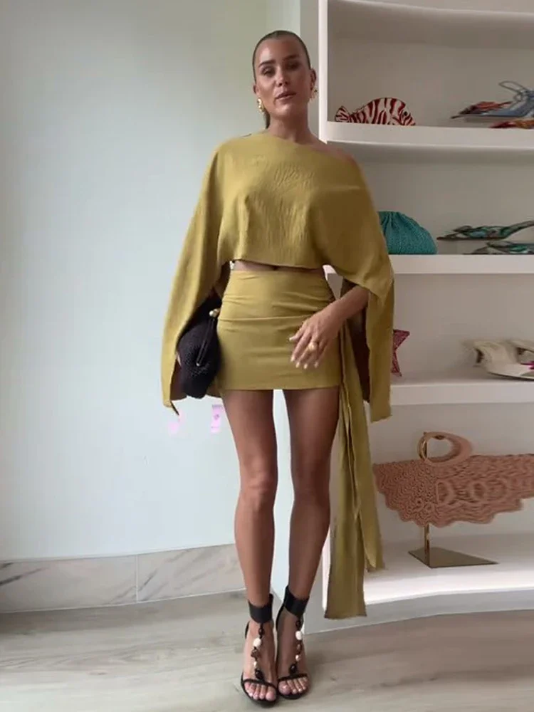 Trendy Shawl Top Mini Skirt Set Women Long Sleeved Sloping Shoulder Crop Top Slim Hip Package Skirts Summer Sexy Lady Outfit