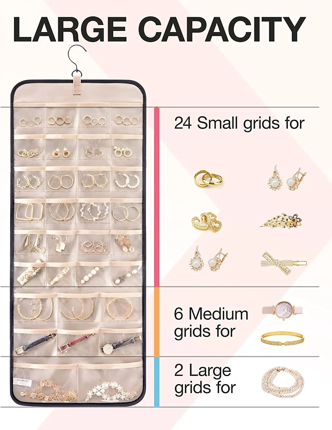 1 Pcs Hanging Jewelry Organizer Storage Roll With Hanger Metal Hooks Double-Sided Jewelry Holder For Earrings Necklaces Rings