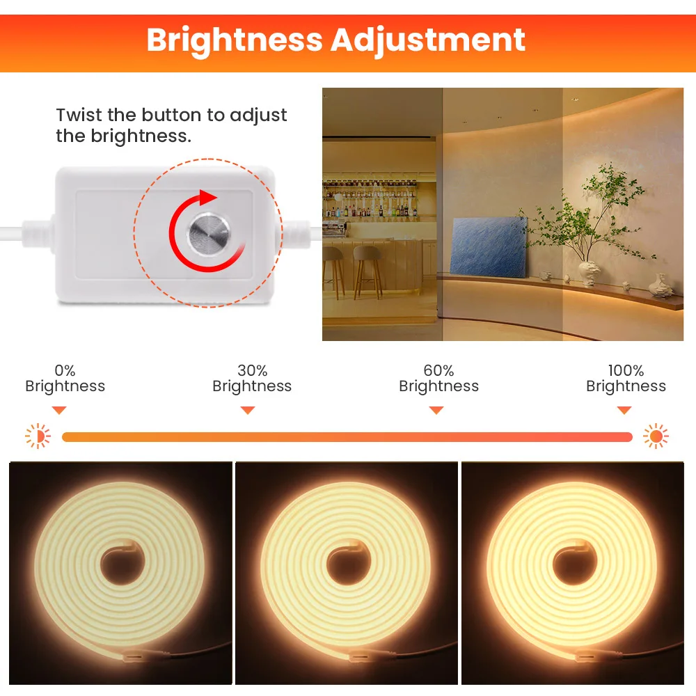 Dimmable 220V COB LED Neon Strip Light with Dimmer Switch Power Kit 288 LEDs High Density Linear Lighting Silicone Waterproof