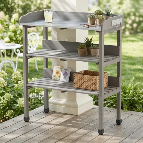 30″×14.5″×35.5″ 3-Layer Outdoor Potting Table Metal Tabletop Solid Wood Work Bench with Hook for Garden Garage