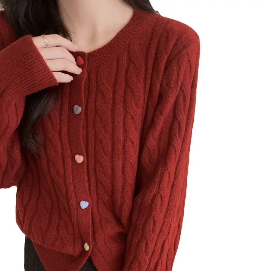 Damski sweter z dzianiny sweter Vintage pełny guzik na rękawie gruby sweter prosty jednolity, na co dzień elegancki płaszcz z dzianiny znosić 2024