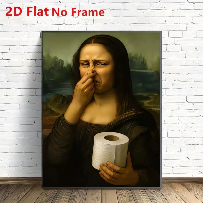 2D Flat No Frame, Funny Mona Lisa Toilet Paper Humorous Wall Art - Vintage Style Bathroom Decor, Canvas Print with Wrinkled Nose
