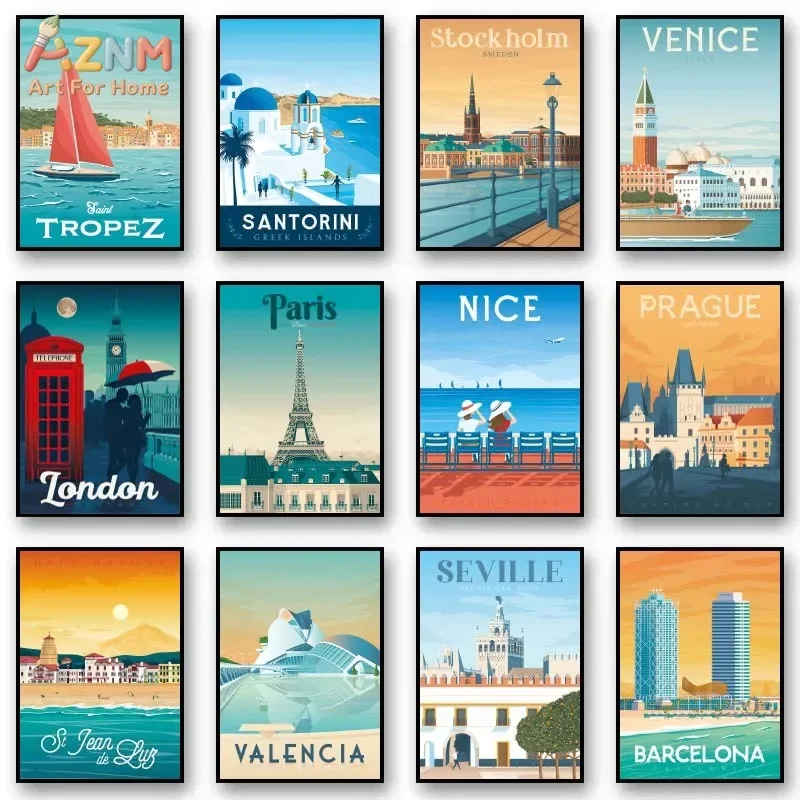 AZNM Vintage Europe City Travel Canvas Wall Art Santorini Paris London Venice Landmark Retro Poster Living Room Unframed Decor P