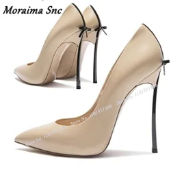 Moraima Snc Khaki Wine Glass Heel Bow Knot Decor Pumps for Women Metal Heel Shallow Stiletto Heels Shoes Novel Zapatillas Mujer