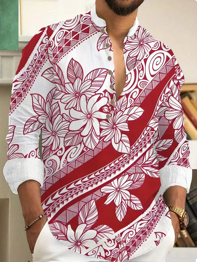 

Новая мужская рубашка с длинными рукавами и модным ретро-стилем, этнический тотем, 3D цветочный принт, удобный мужской топ
