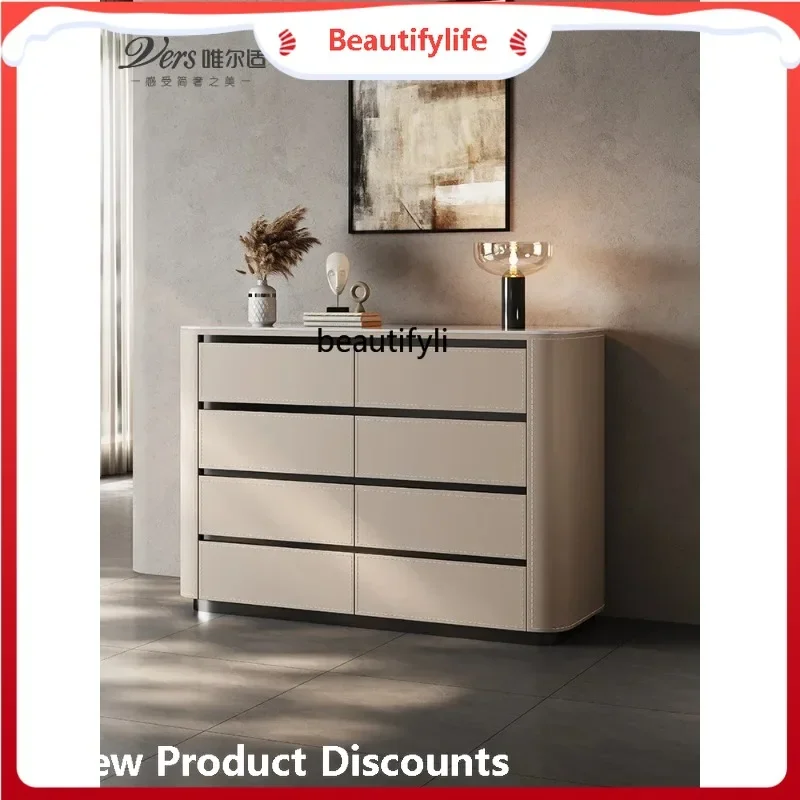 Italian Minimalist Saddle Leather Eight Spares Cabinet Living Room Storage Sideboard Cabinet Wall Storage Cabinet
