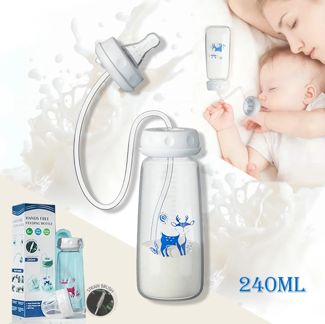 בקבוק תינוק עם צוואר רגיל בנפח 8 אונקיות / 240 מיליליטר עם מברשת קש, סט בקבוקי האכלה PP ללא ידיים - האכלה קלה