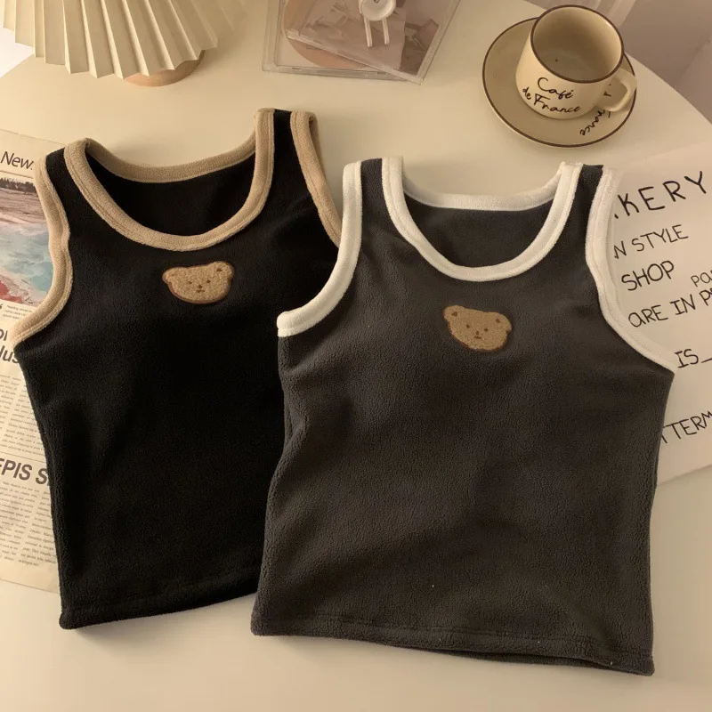 Little Bear Color Blocked Plush Thickened Camisole Tank Top for Women's Autumn and Winter Large Size Warm Inner Layup Bottom Top