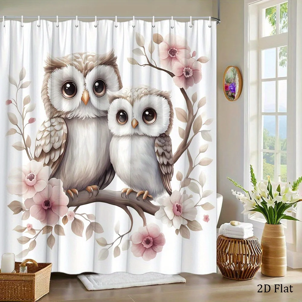 1pc Mother and Owl Shower Curtain with Fluffy White Owls on Branch with  and White , Gentle and Whimsical Pastel Color Palette,